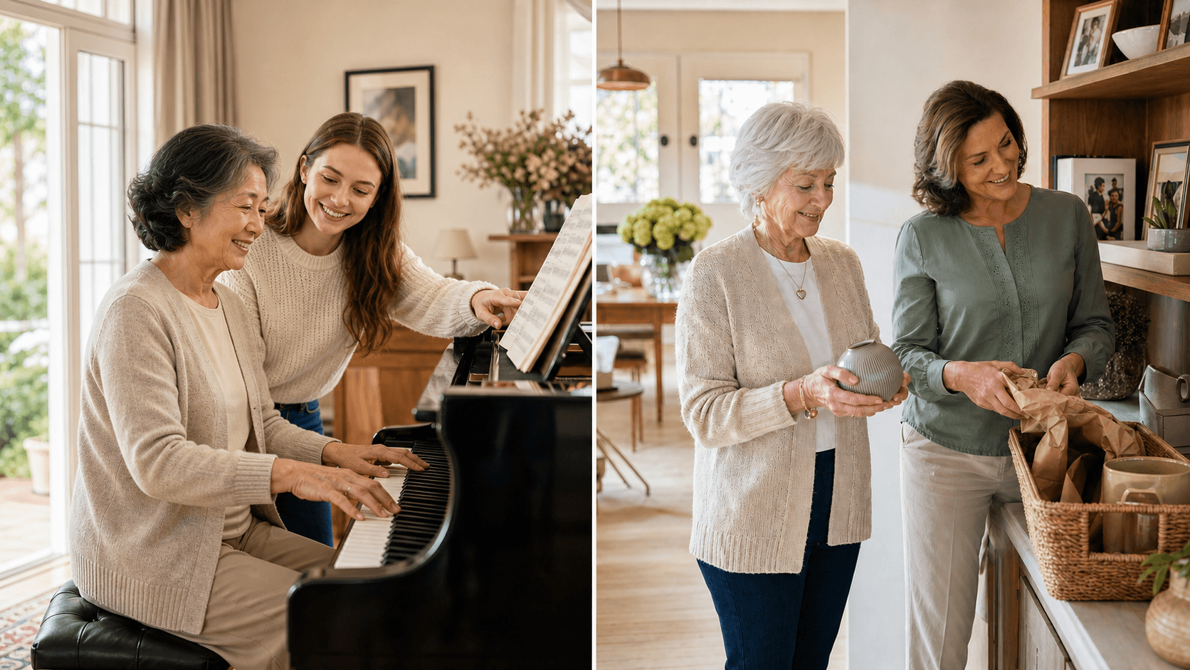 Older adults enjoying piano instruction and supportive help at home